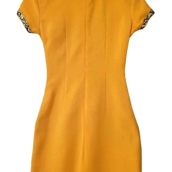 Golden Brocade Mandarin Qipao Dress – Elegant Cheongsam style Formal Wear - Picture 4 of 12